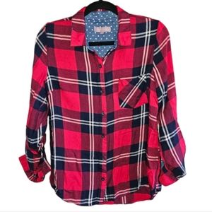 Harper Womens Small Plaid Long Sleeve Roll Tab Shirt Red Blue Top Blouse Flannel